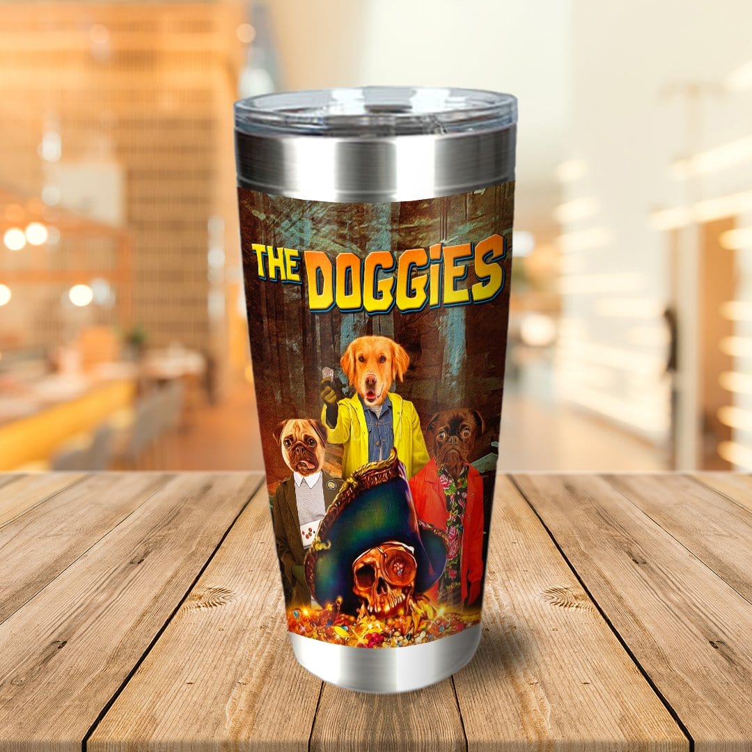 Personalized stainless steel tumbler with a custom "The Doggies" portrait of three dogs in costumes.