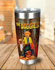 Personalized stainless steel tumbler with a custom "The Doggies" portrait of three dogs in costumes.