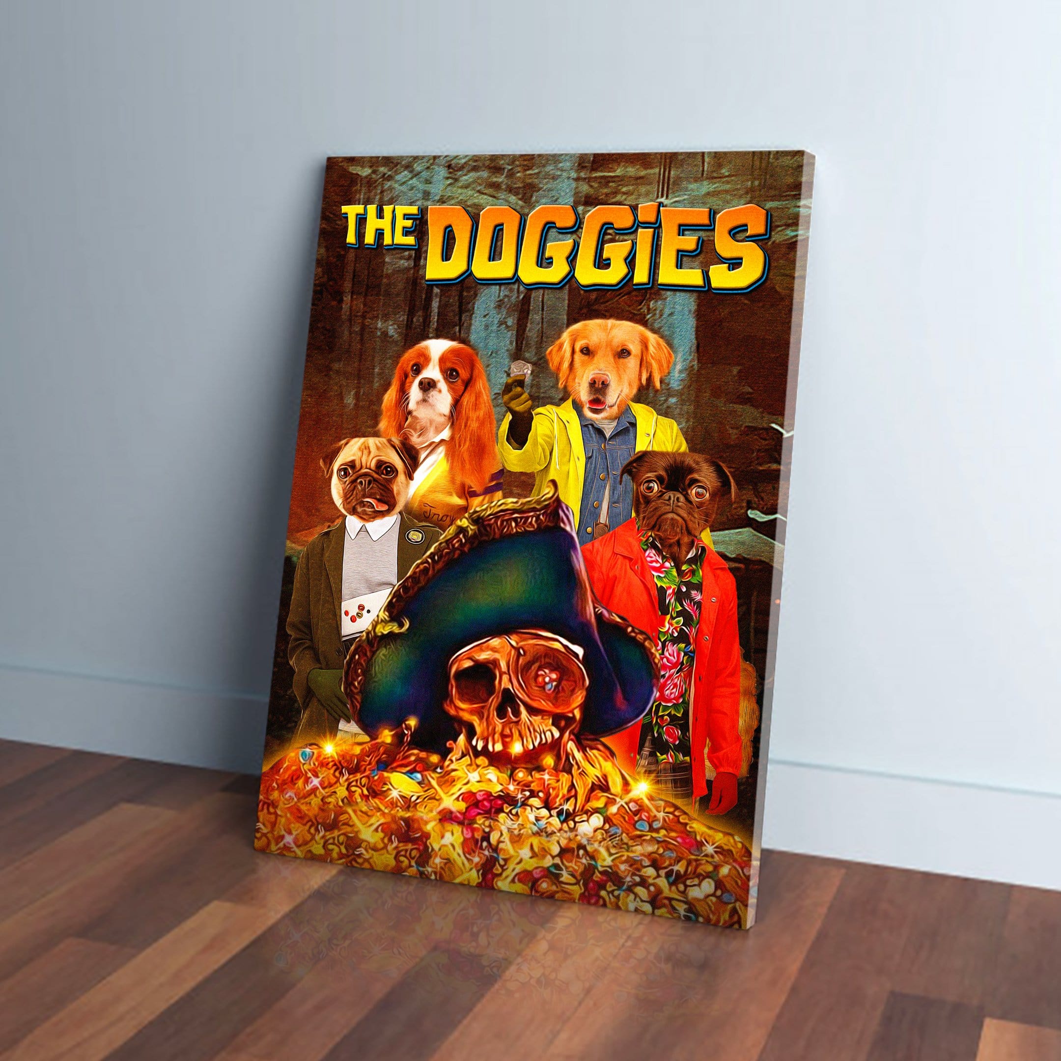 Personalized "The Doggies" canvas featuring four pets dressed as movie characters around a treasure skull.