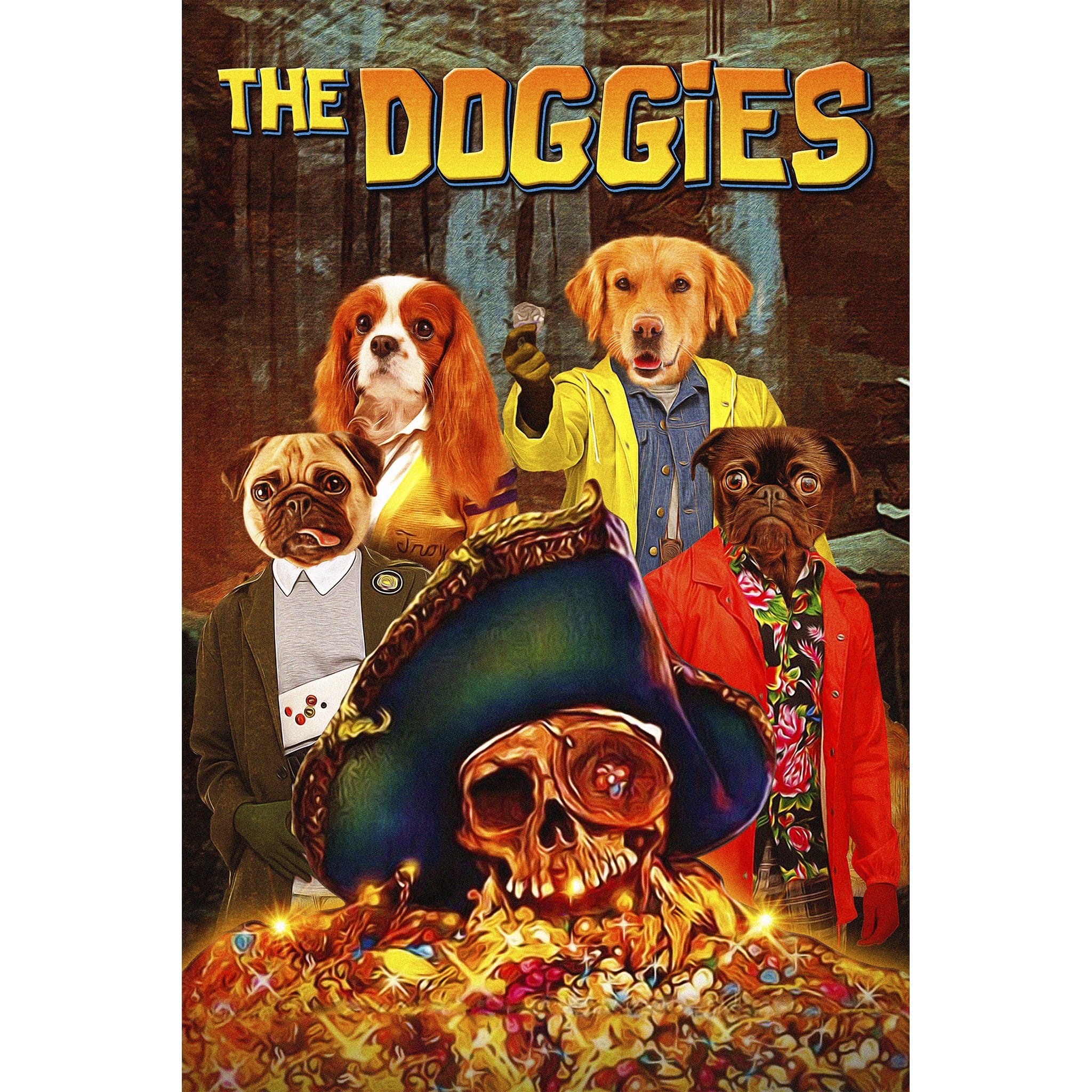 Custom digital portrait of four dogs as movie characters, "The Doggies" title.