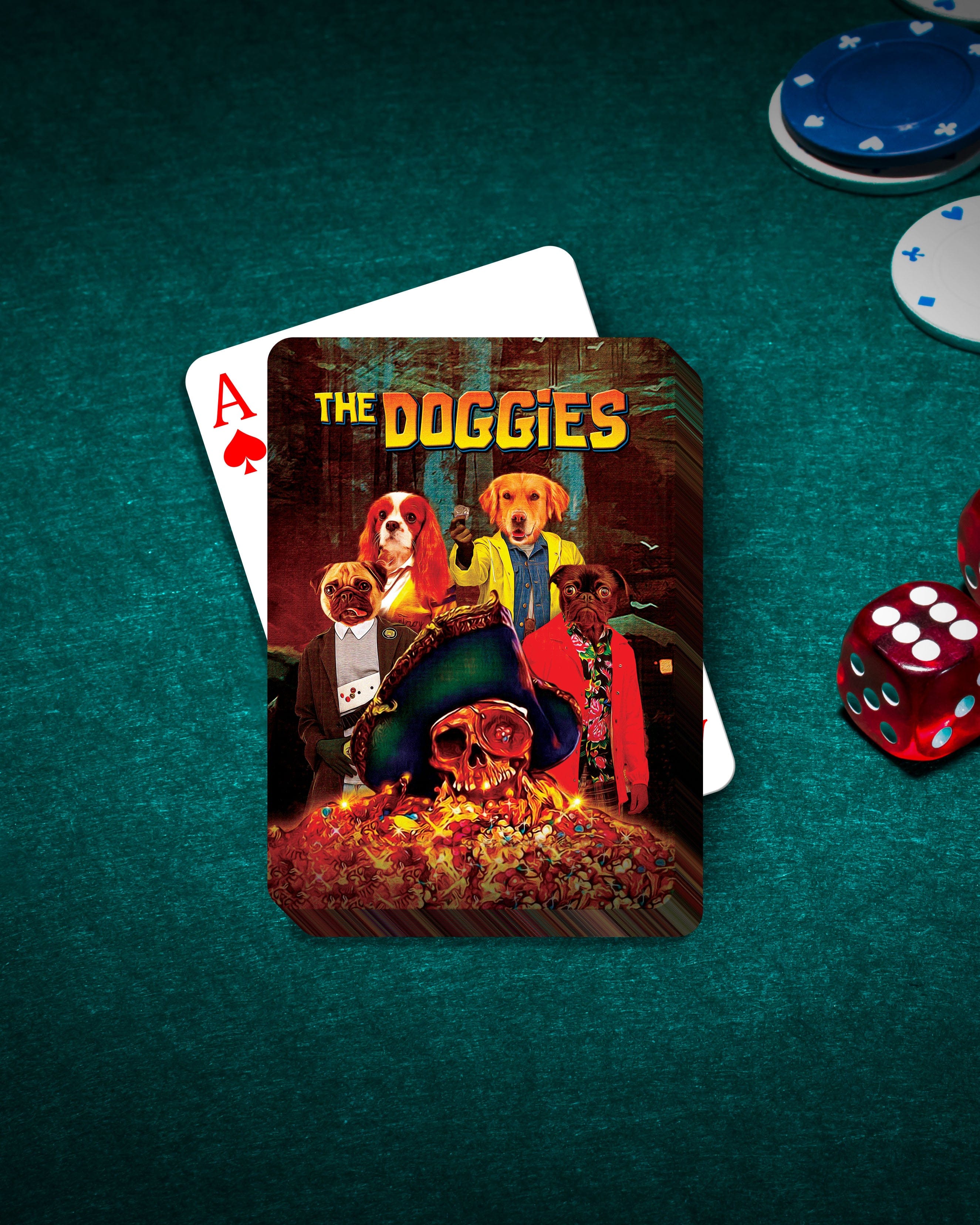 Personalized playing card featuring four dogs in a "Doggies" movie poster style, on a green poker table.