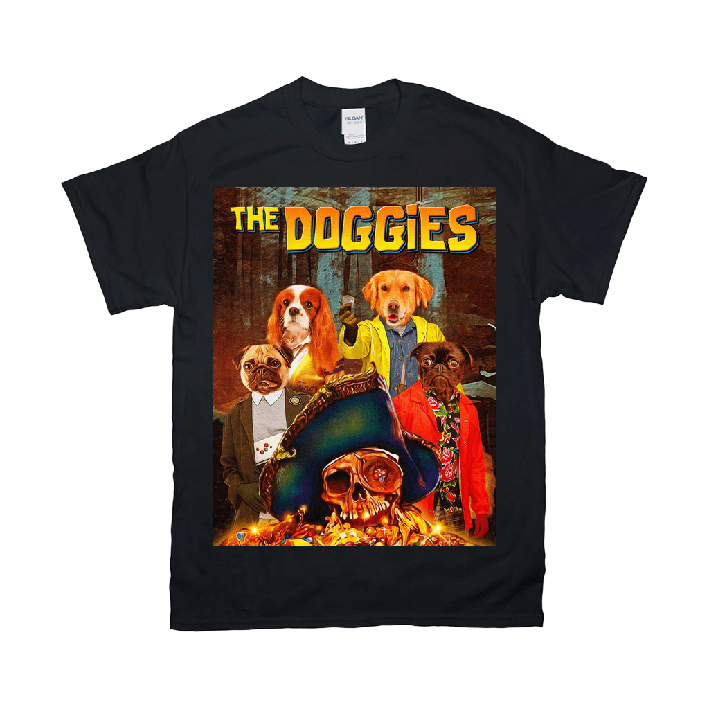 Black Gildan t-shirt with "The Doggies" graphic featuring four dogs and a pirate skull.