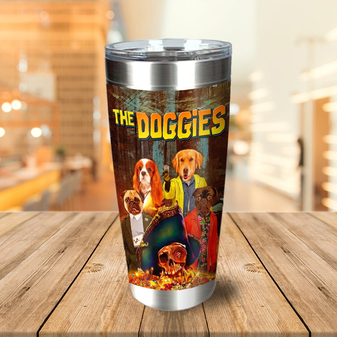 Personalized stainless steel tumbler featuring a custom portrait of five dogs in "The Doggies" movie poster style.