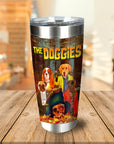 Personalized stainless steel tumbler featuring a custom portrait of five dogs in "The Doggies" movie poster style.