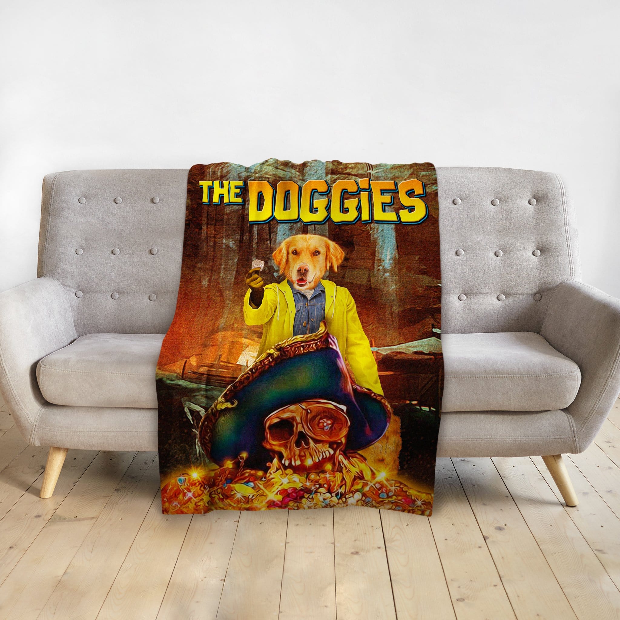 Personalized pet blanket with a golden retriever in a yellow jacket, "The Doggies" title, and a pirate skull.