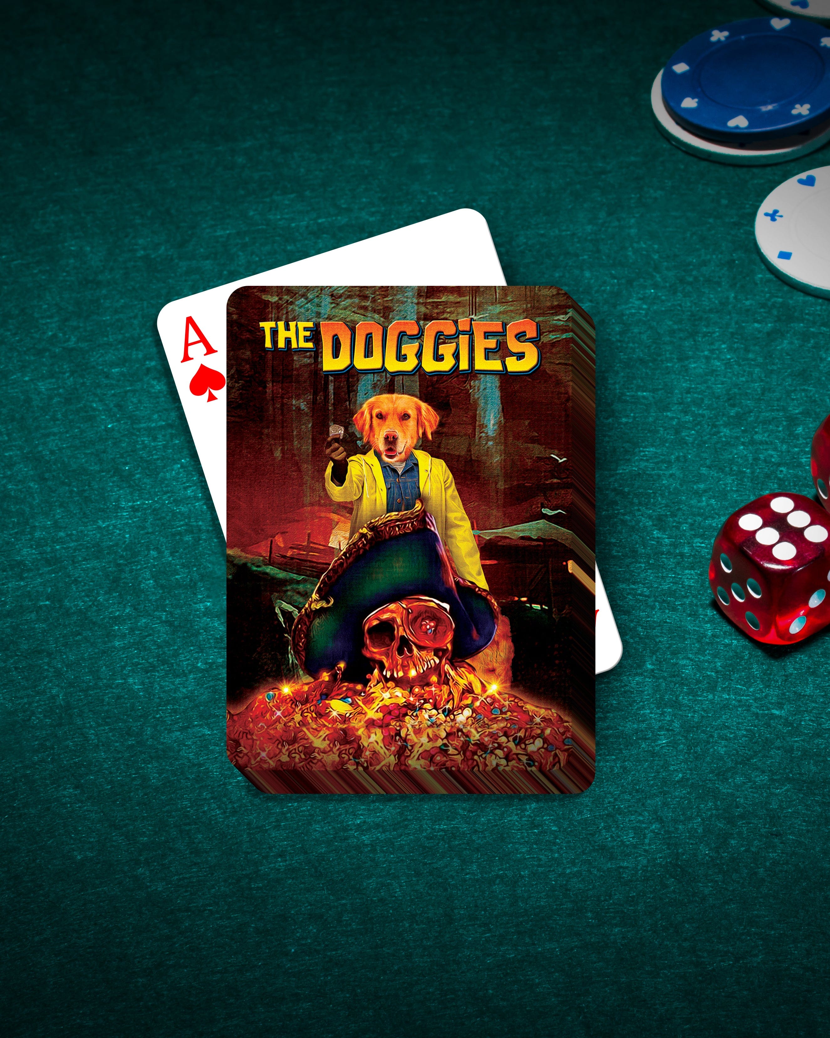 Personalized pet playing cards featuring a custom dog portrait in a pirate theme on a green felt table.
