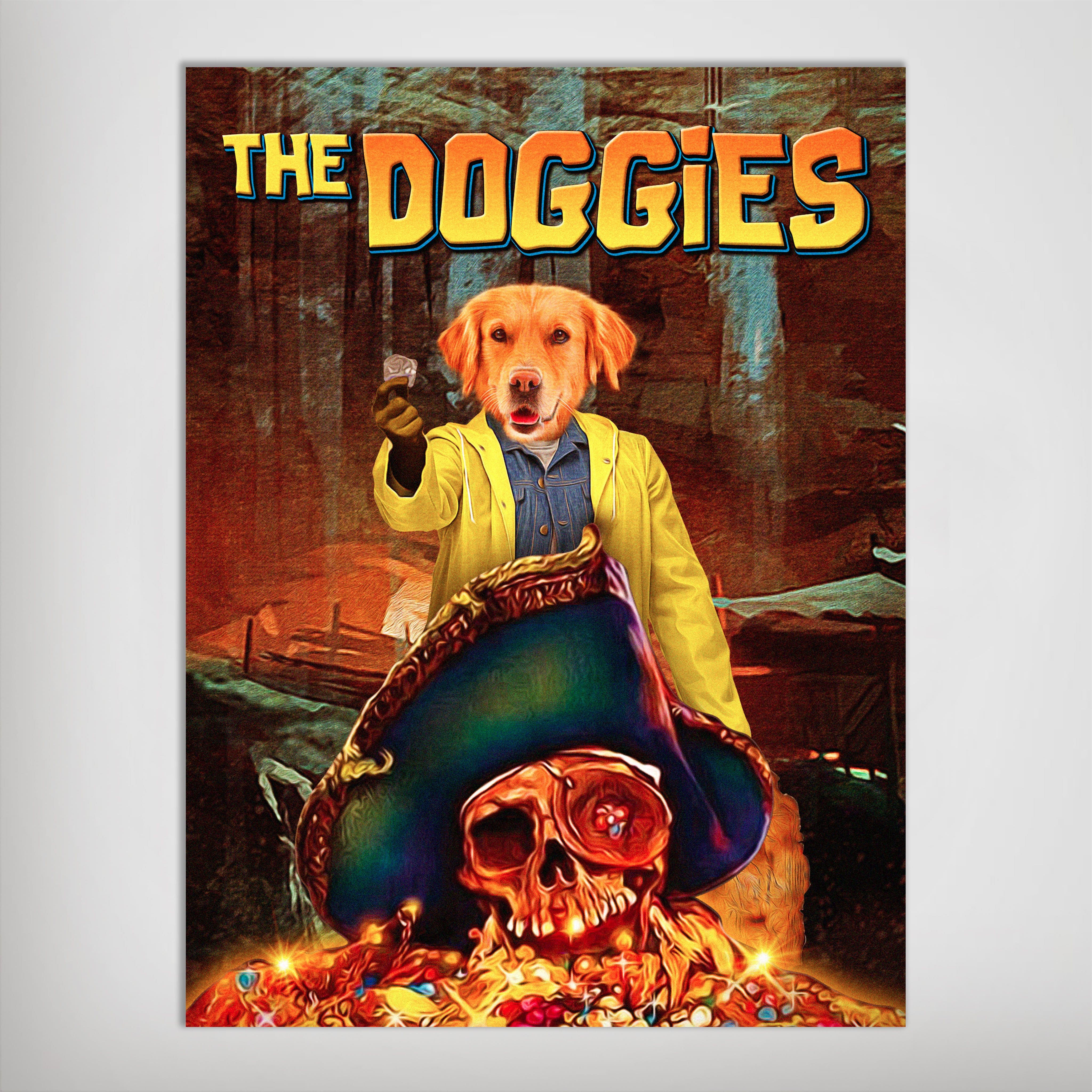 Personalized 'The Doggies' pet poster featuring a golden retriever in a yellow coat, holding a glass, with a pirate skull and treasure.