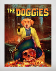Personalized 'The Doggies' pet poster featuring a golden retriever in a yellow coat, holding a glass, with a pirate skull and treasure.