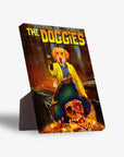 The Doggies personalized pet standing canvas featuring a golden retriever in a yellow jacket, pirate hat, and treasure.