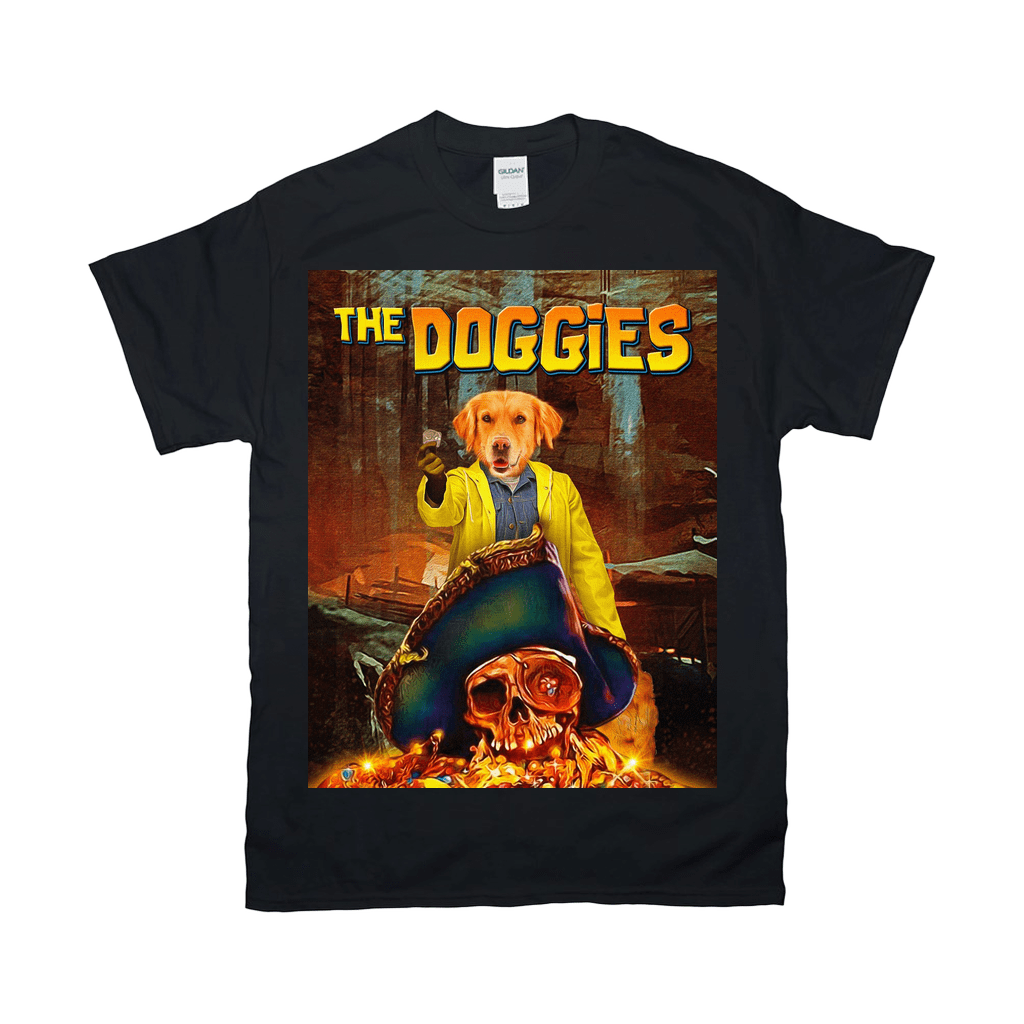 Black Gildan t-shirt with "The Doggies" movie poster design featuring a dog in a yellow coat.