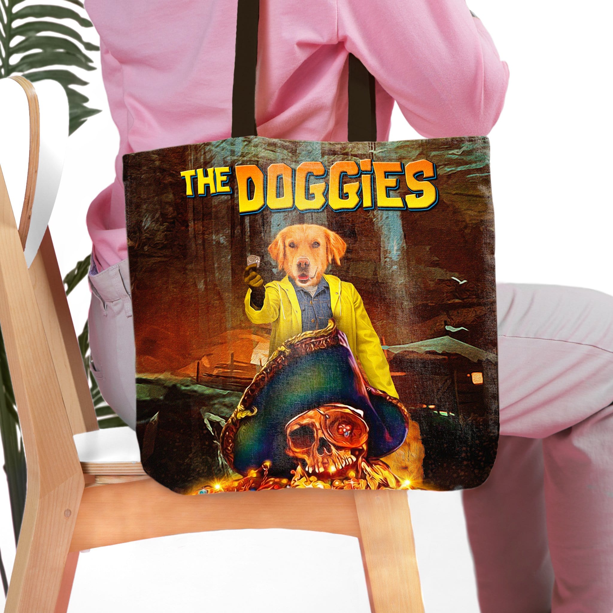 Custom 'The Doggies' tote bag featuring a personalized dog portrait in a pirate-themed, movie poster style.