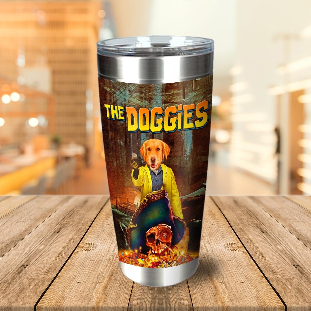 Personalized stainless steel tumbler with a custom dog portrait in a pirate-themed, "The Doggies" design.