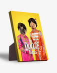 Personalized 2-pet standing canvas featuring a pug and dog in colorful "Doggo Beatles" costumes on a yellow background.