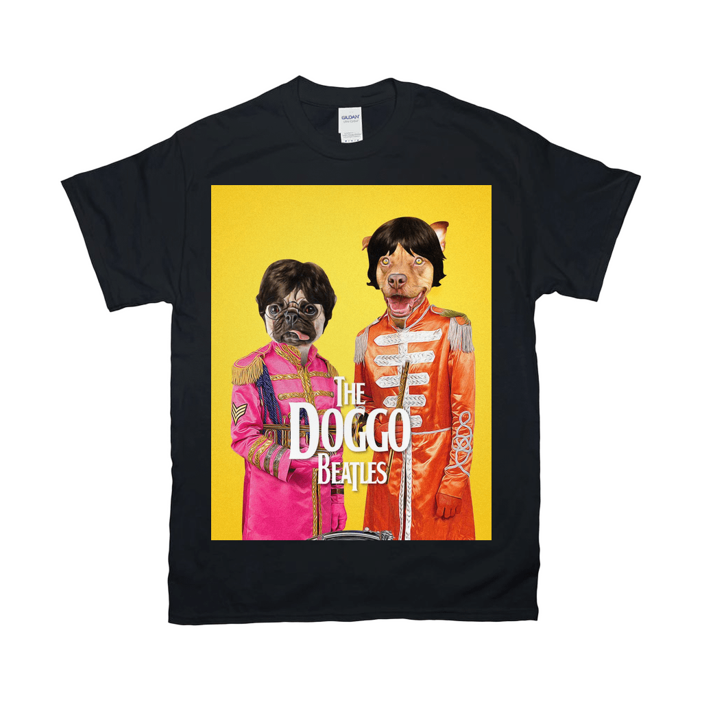 Black Gildan t-shirt with "The Doggo Beatles" design featuring two pets in colorful band uniforms.