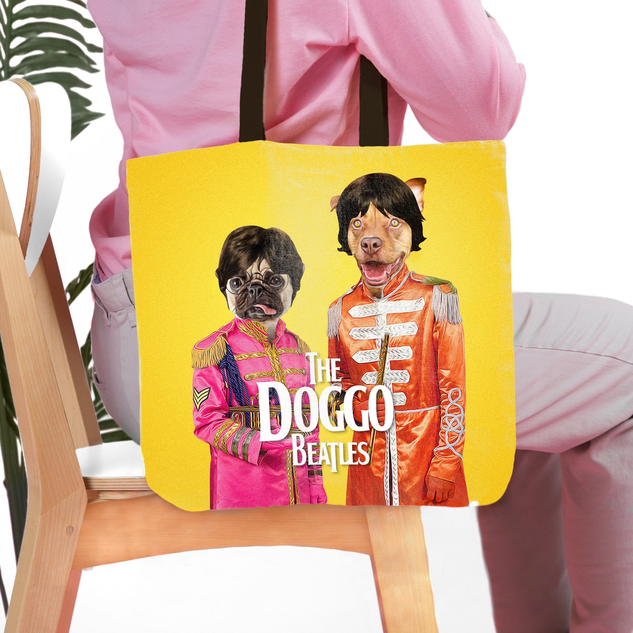 Personalized yellow tote bag with two custom pet portraits in "Doggo Beatles" style.