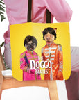 Personalized yellow tote bag with two custom pet portraits in "Doggo Beatles" style.