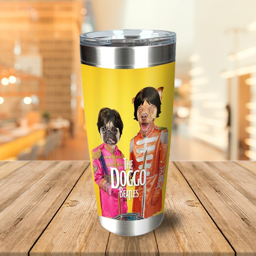 Personalized stainless steel tumbler with two dogs dressed as the Beatles on a yellow background.