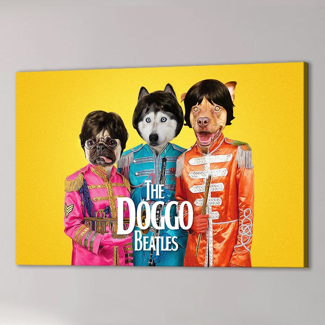 Personalized 'Doggo Beatles' canvas featuring a pug, husky, and pitbull in colorful Sgt. Pepper's uniforms on yellow.