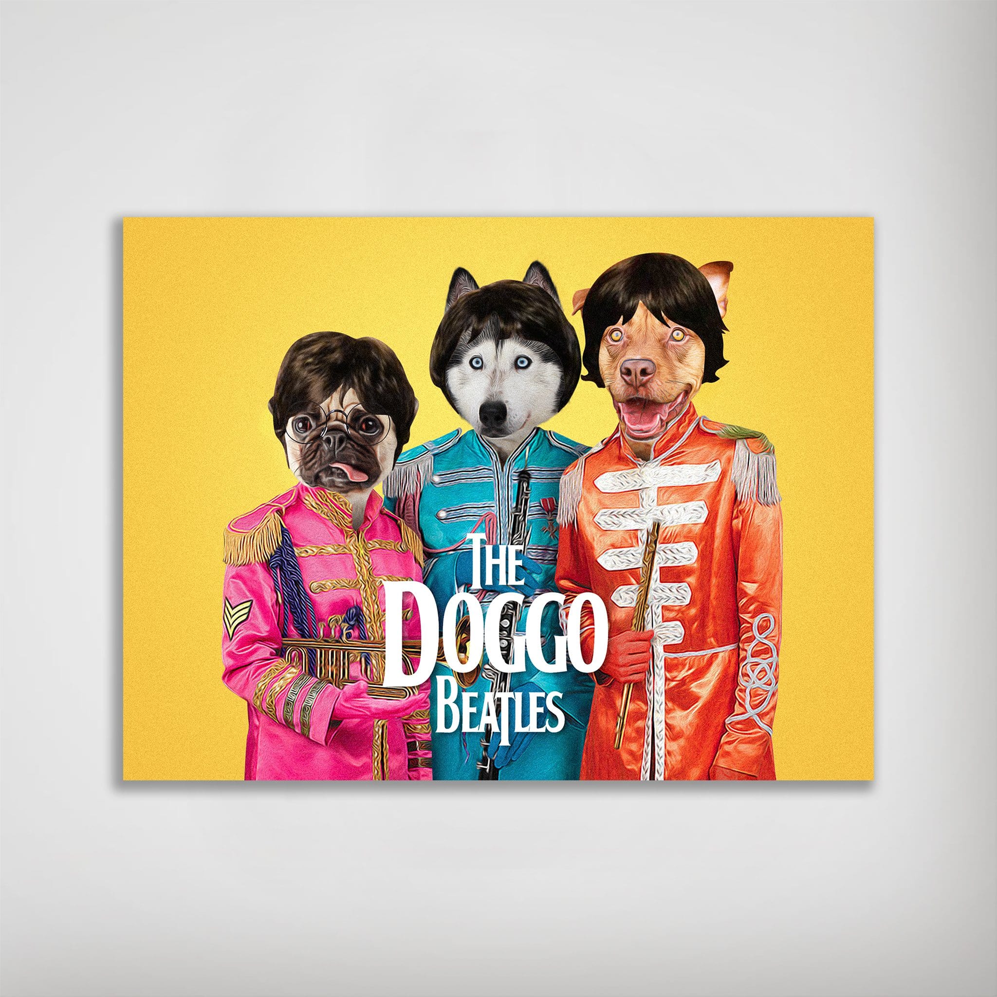 Personalized 'Doggo Beatles' poster featuring three pets in colorful Sgt. Pepper's Lonely Hearts Club Band outfits.