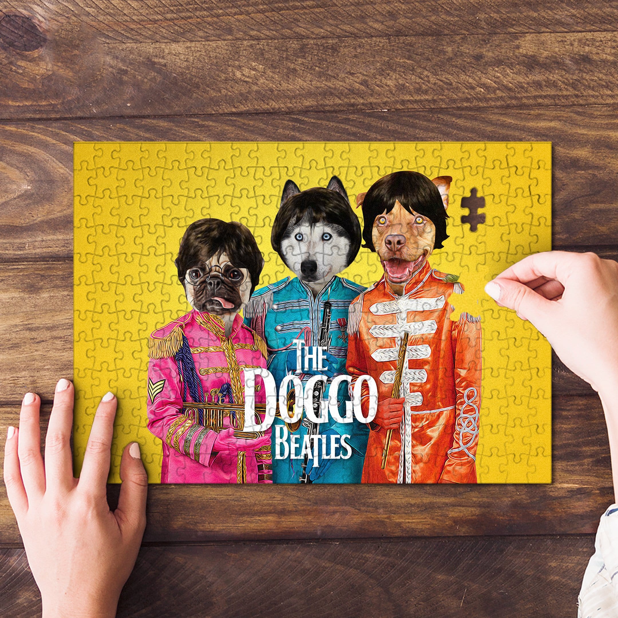 Personalized 3-pet puzzle featuring dogs as "The Doggo Beatles" on a yellow background.