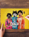 Personalized 3-pet puzzle featuring dogs as "The Doggo Beatles" on a yellow background.