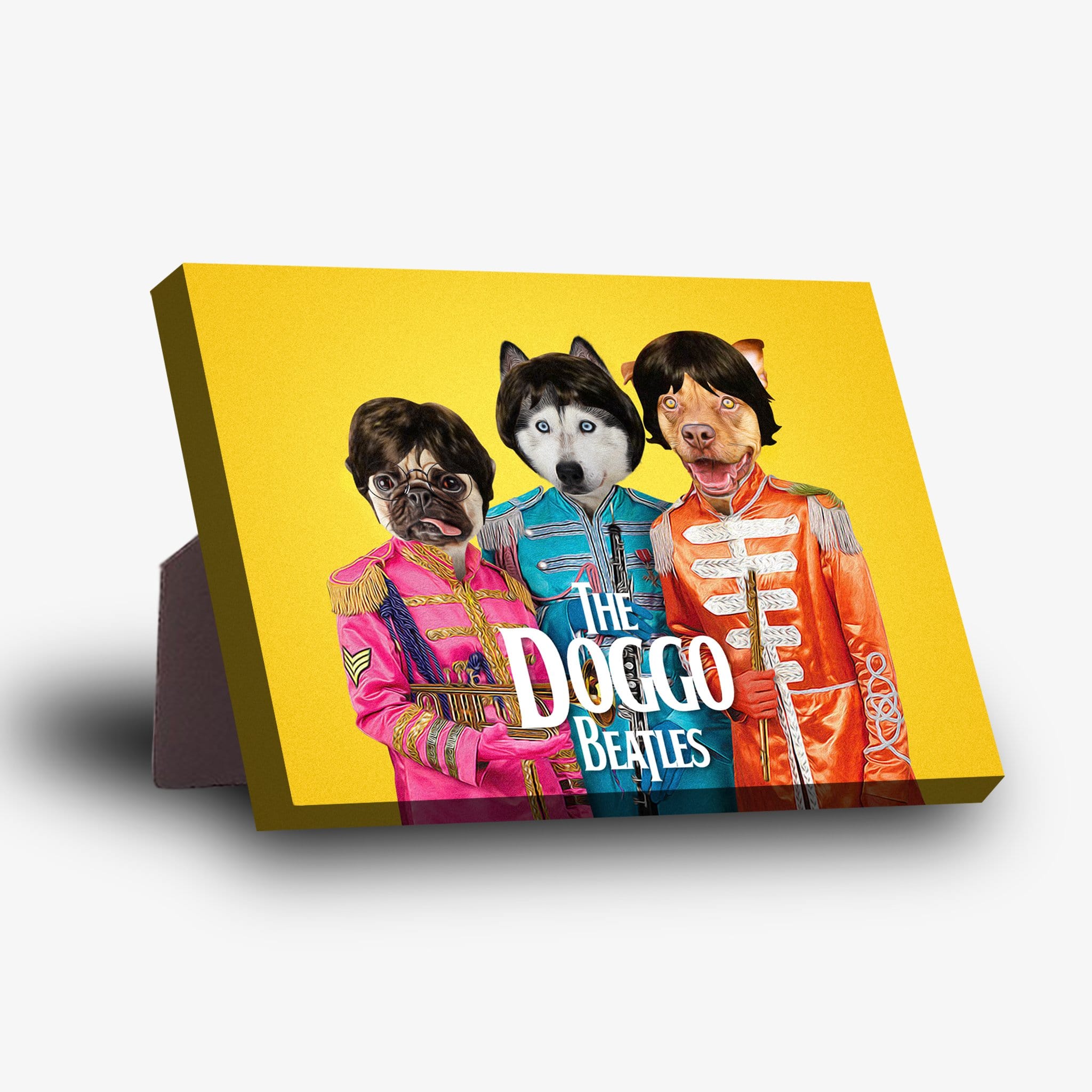 Yellow canvas featuring three pets dressed as The Doggo Beatles, with a sturdy stand.