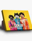 Yellow canvas featuring three pets dressed as The Doggo Beatles, with a sturdy stand.