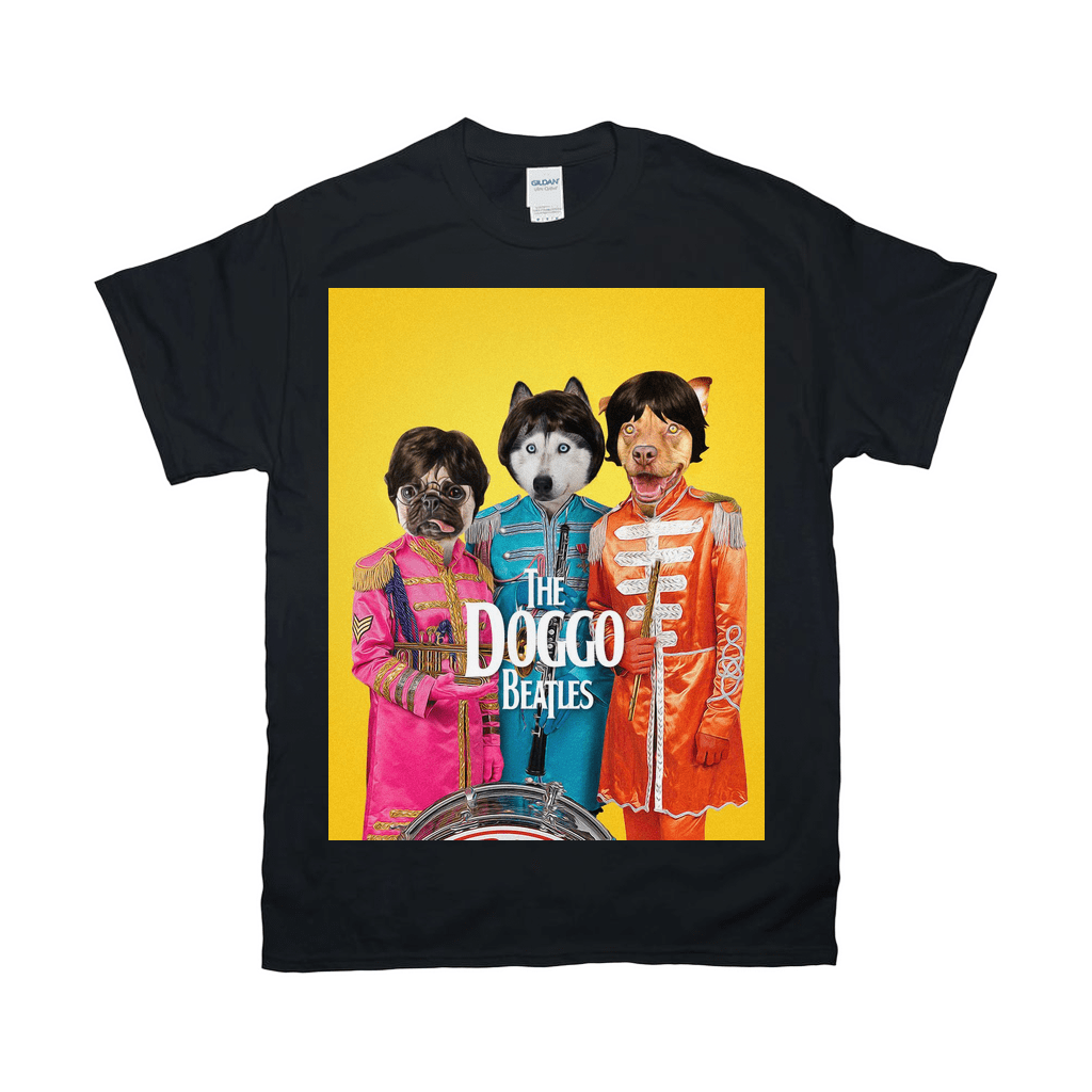 Black Gildan t-shirt with "The Doggo Beatles" design featuring three pets in colorful Sgt. Pepper's uniforms.
