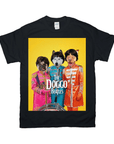 Black Gildan t-shirt with "The Doggo Beatles" design featuring three pets in colorful Sgt. Pepper's uniforms.