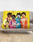 Custom yellow blanket with four personalized pet portraits dressed as The Beatles.
