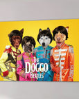 Custom "Doggo Beatles" canvas featuring four pets in colorful Sgt. Pepper's Lonely Hearts Club Band outfits on a yellow background.