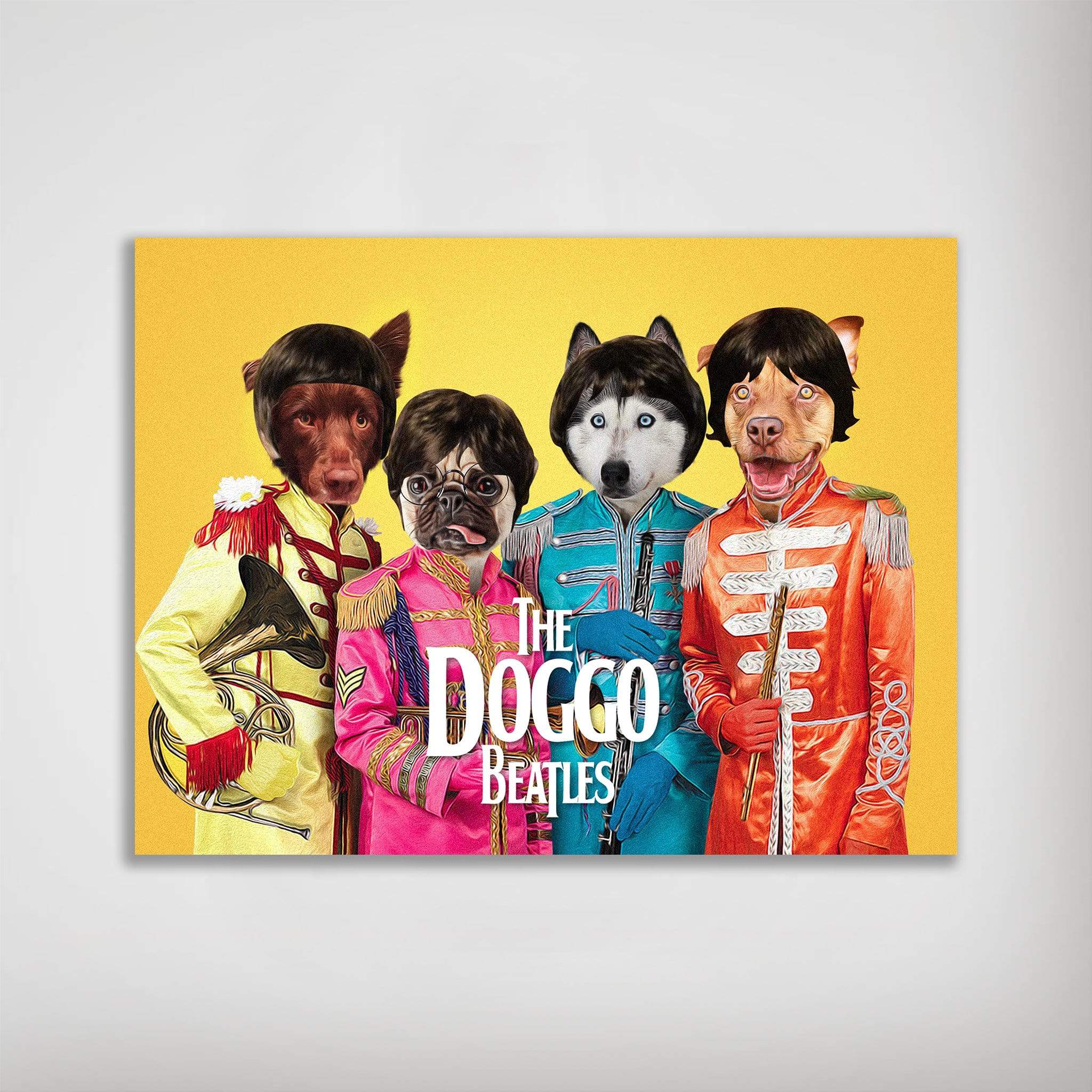 Personalized "Doggo Beatles" poster featuring four pets in colorful Sgt. Pepper's Lonely Hearts Club Band uniforms.
