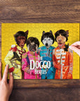 Custom personalized Doggo Beatles pet portrait puzzle on a wooden table.