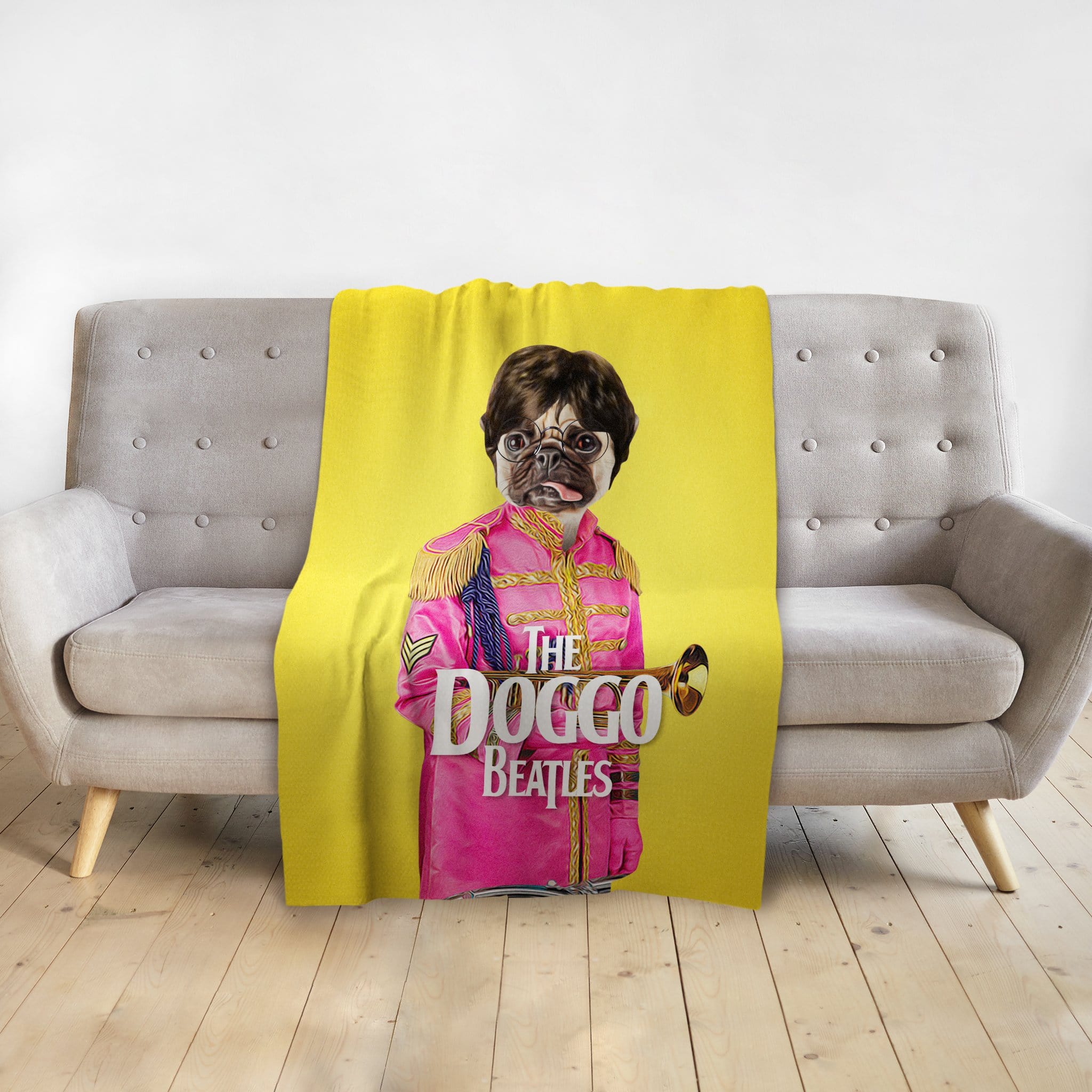 Personalized yellow minky blanket with a custom Doggo Beatles pug pet portrait.