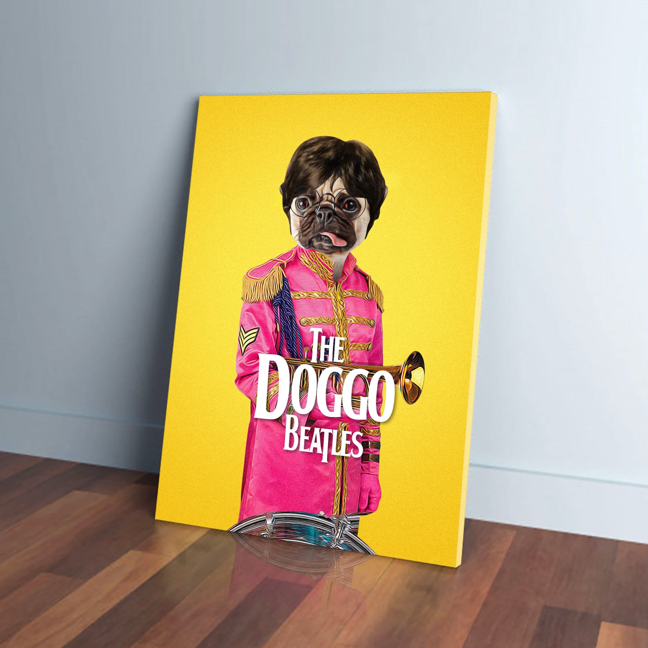 Personalized 'Doggo Beatles' canvas featuring a pug in a pink Sgt. Pepper's uniform on a yellow background.
