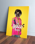 Personalized 'Doggo Beatles' canvas featuring a pug in a pink Sgt. Pepper's uniform on a yellow background.