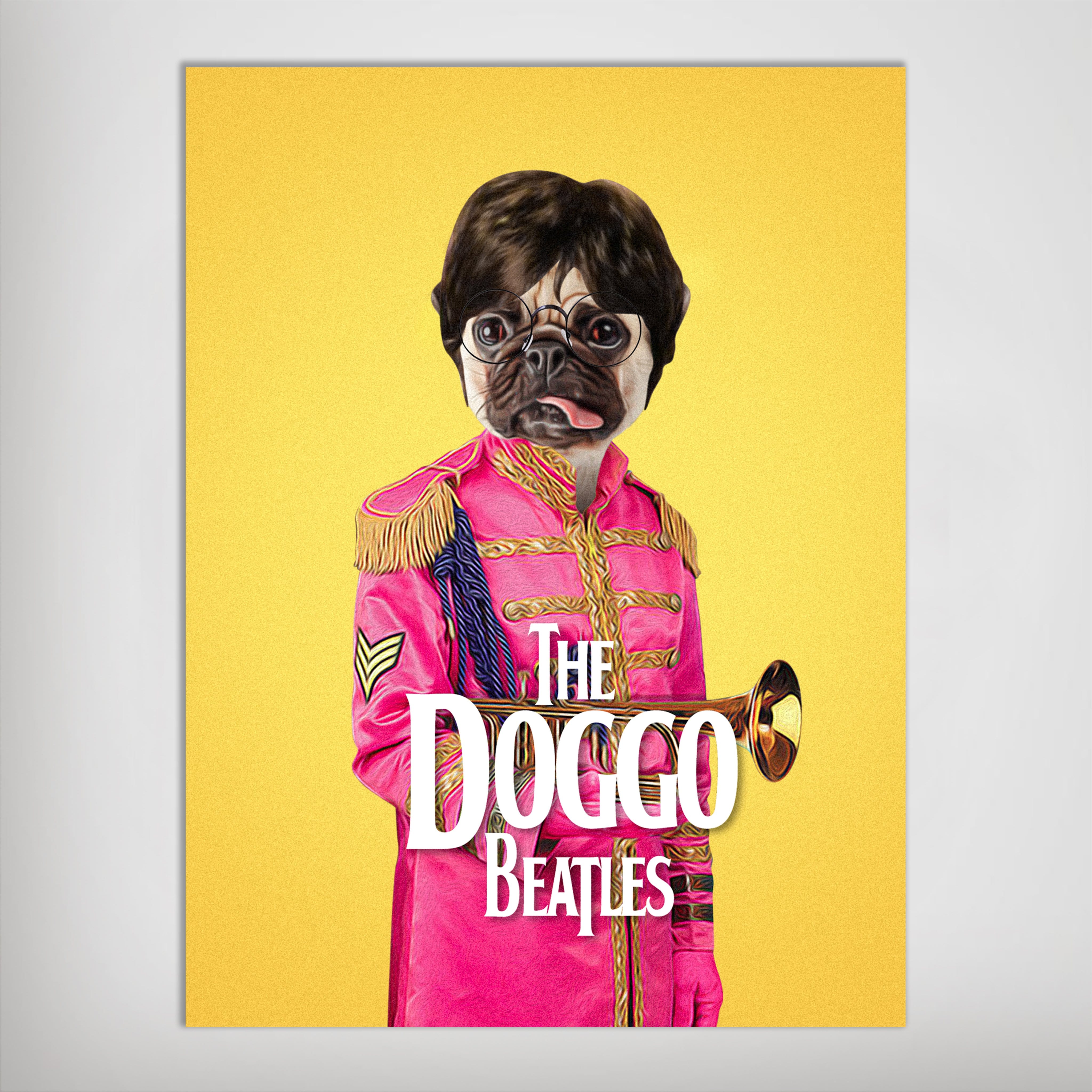Personalized "Doggo Beatles" poster featuring a pug in a pink military jacket with a trumpet on a yellow background.