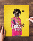 Personalized pet puzzle featuring a pug in a pink "Doggo Beatles" uniform on a yellow background.