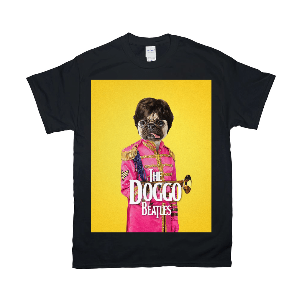 Black Gildan t-shirt with a personalized graphic of a pug dressed as a "Doggo Beatles" band member on a yellow background.