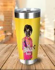 Personalized stainless steel tumbler with a custom dog portrait in a "Doggo Beatles" style on a yellow background.