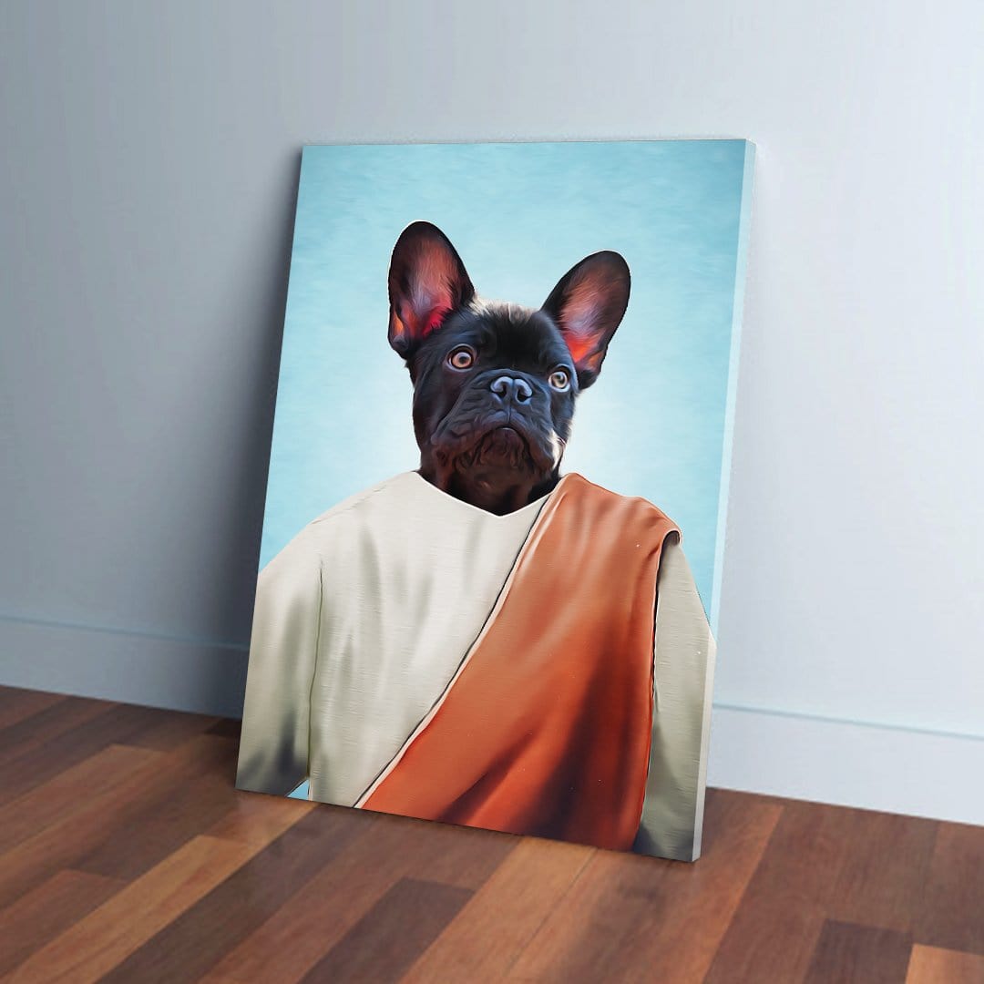 Personalized canvas art featuring a black French Bulldog in a white robe with an orange sash, against a blue background.