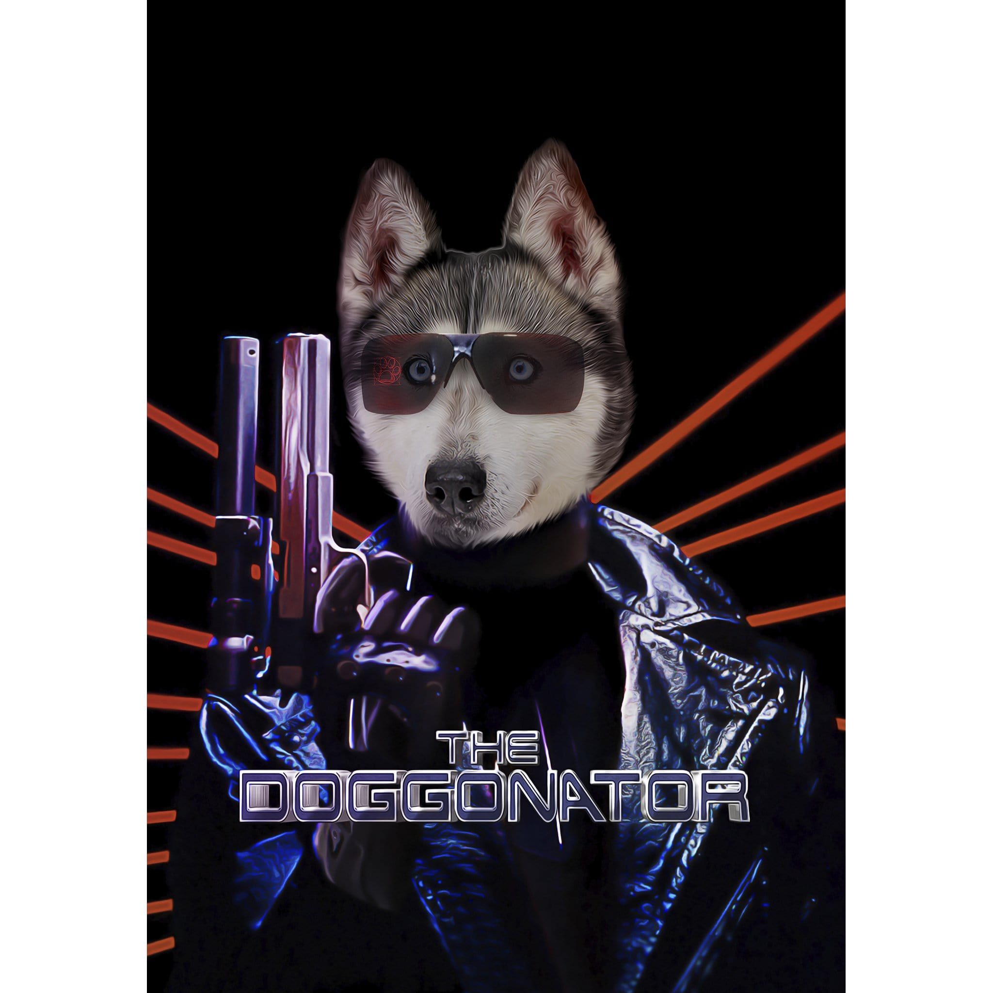 Custom digital portrait of a husky dog in "The Doggonator" style, wearing sunglasses and holding a gun.