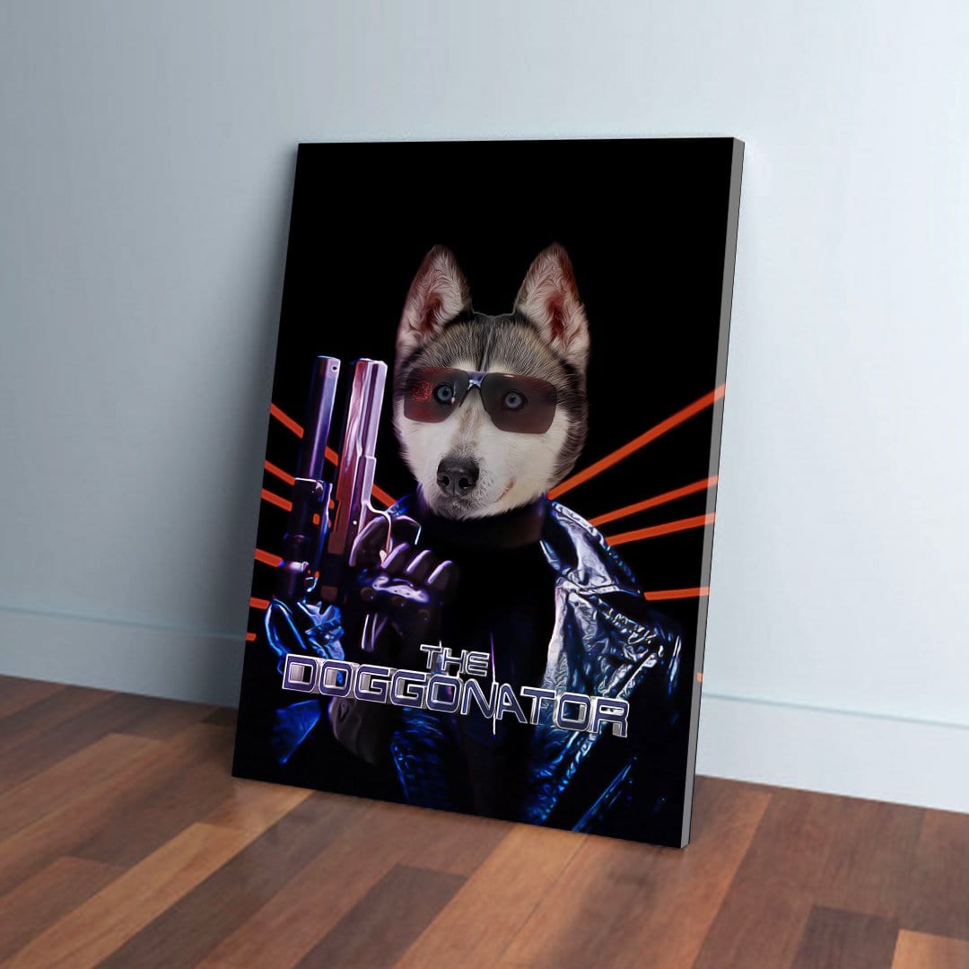 Personalized "The Doggonator" canvas featuring a husky in sunglasses and a leather jacket holding a gun.