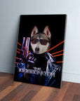 Personalized "The Doggonator" canvas featuring a husky in sunglasses and a leather jacket holding a gun.