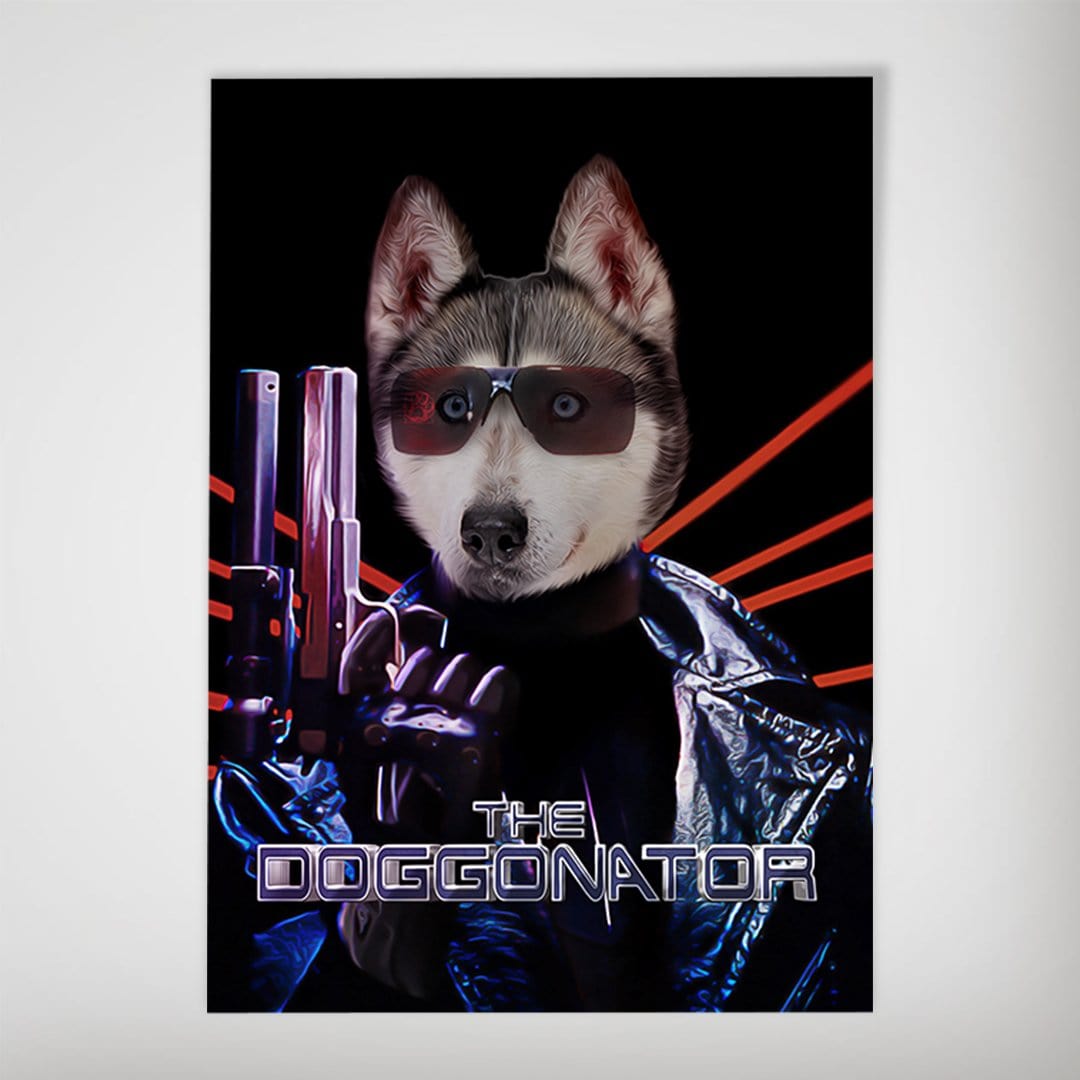 Personalized "The Doggonator" poster featuring a husky in sunglasses and a leather jacket, holding a gun.