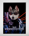 Personalized "The Doggonator" poster featuring a husky in sunglasses and a leather jacket, holding a gun.