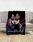 Personalized black minky blanket with a husky pet portrait in a "Doggonator" movie poster style.