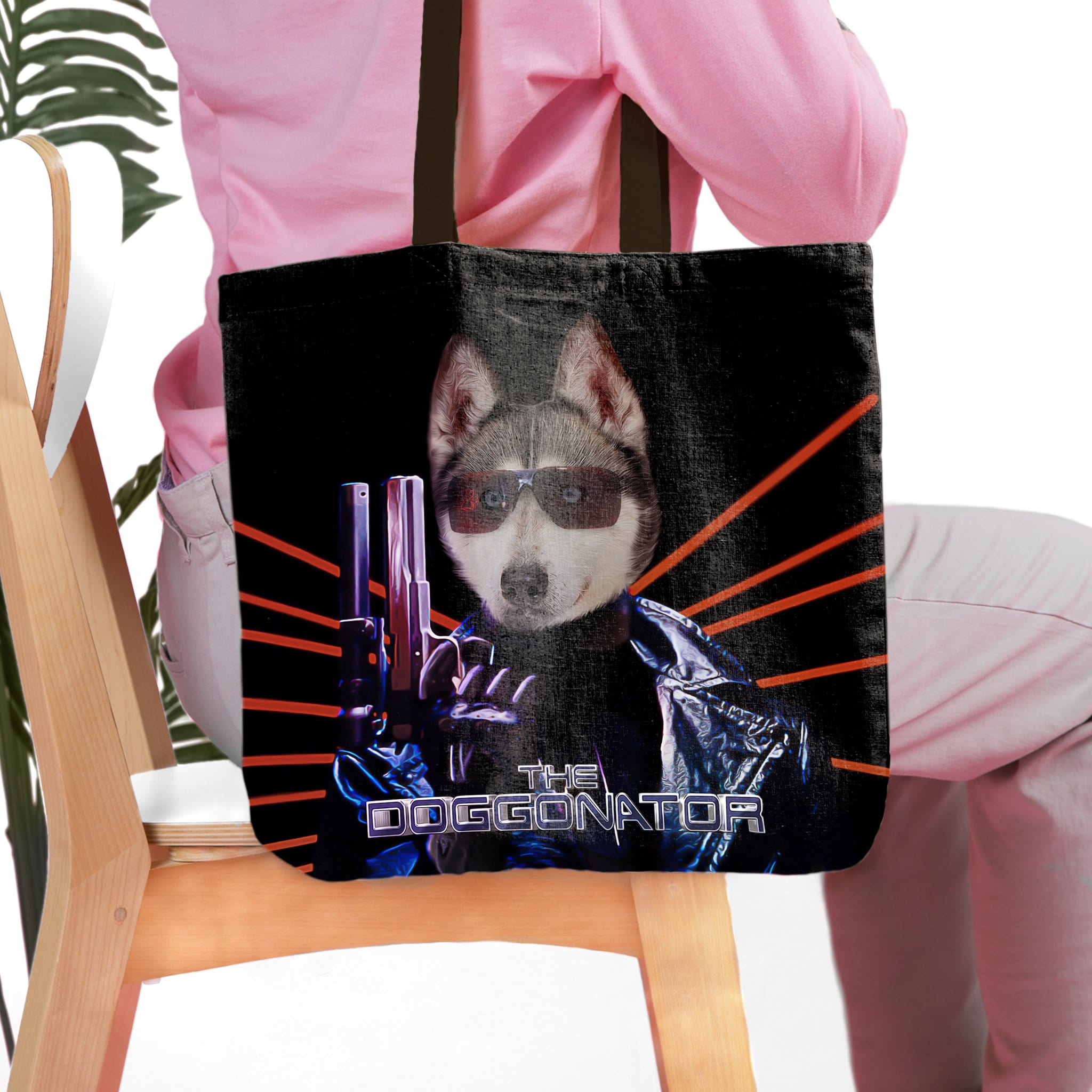 Personalized black canvas tote bag with a custom husky pet portrait in "The Doggonator" style.