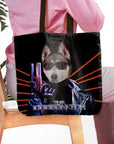 Personalized black canvas tote bag with a custom husky pet portrait in "The Doggonator" style.