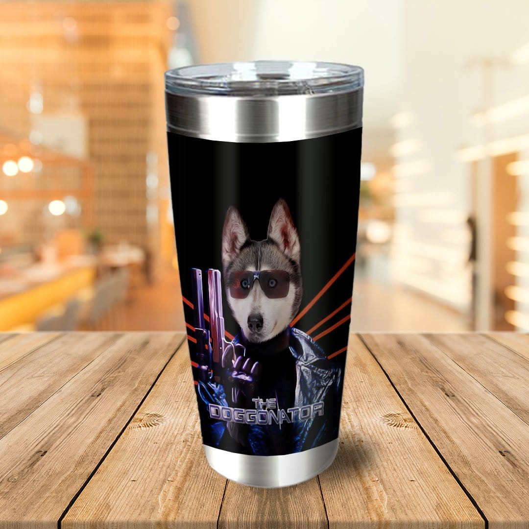 Personalized stainless steel tumbler with a husky dog portrait in "The Doggonator" action movie style.